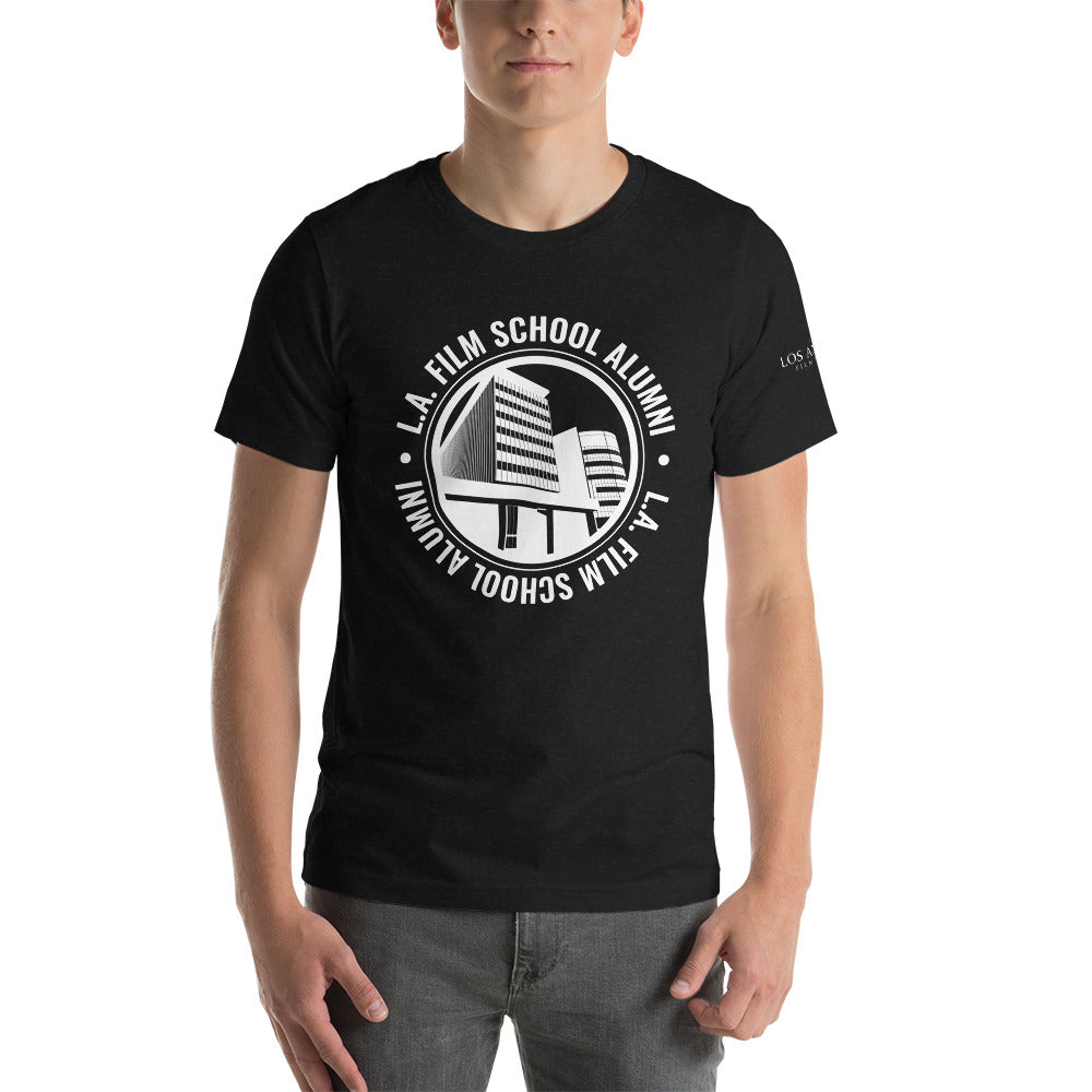 LAFS Alumni Building on Front with Logo on Sleeve Unisex T-shirt